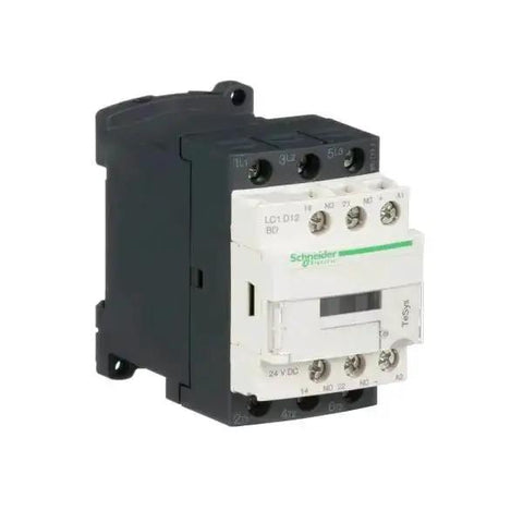 TeSys D 3 Pole Contactor 24V DC Coil, 440V AC 3 NO Contacts, 12A, shown in black and white, for motor control and automation projects.