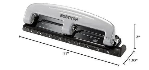 EZ Squeeze 12 Sheet Three Hole Punch With No Jam Tech, all-metal office punch for 12 sheets, built-in ruler and paper guide, silver and black