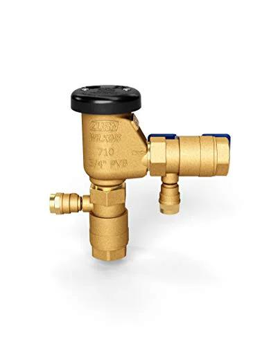 Pressure vacuum breaker assembly, brass, 3/4-inch, Zurn Wilkins with black cap and blue outlet.