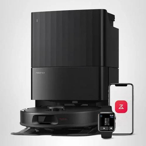 roborock Qrevo robot vacuum and mop in black with all-in-one dock and smartphone