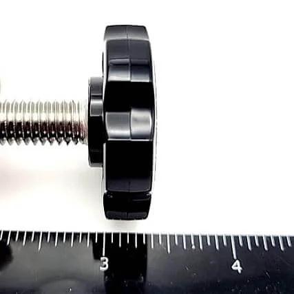 Side view of Three Eighths By One Inch Thumb Screw Bolts With Black Round Hex Head Clamping Knob And Plastic Cap Grip In 304 Stainless Steel
