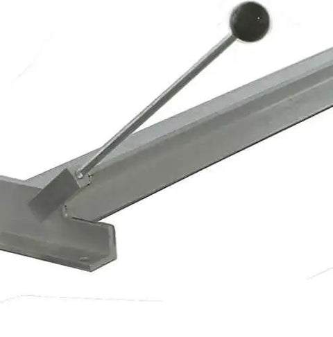 Close-up of a 12-inch leverage handle on a 30-Inch Sheet Metal Bender, designed for up to 16 gauge aluminum and 18 gauge steel, gray color.