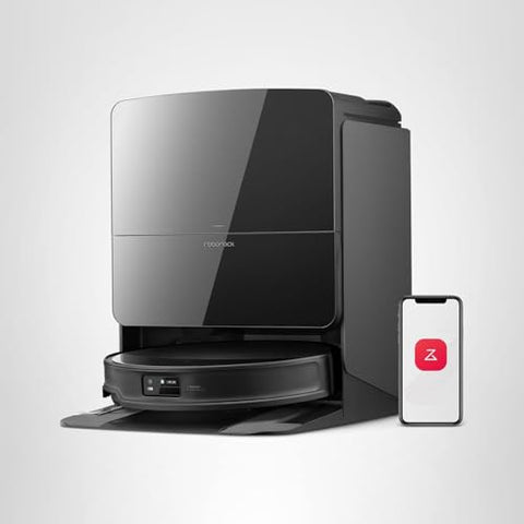roborock Saros 10R robot vacuum and mop with self-emptying dock, black finish, app-controlled.