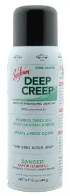 Deep Creep Penetrant And Lubricant 14 Oz can with label detailing rust, grease, and moisture control features, shown upright.