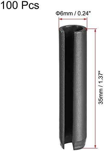 Close-up of a single Slotted Spring Pin 6mm By 35mm Plain Finish 65Mn Steel from 100 Piece Assortment Kit, showing dimensions.