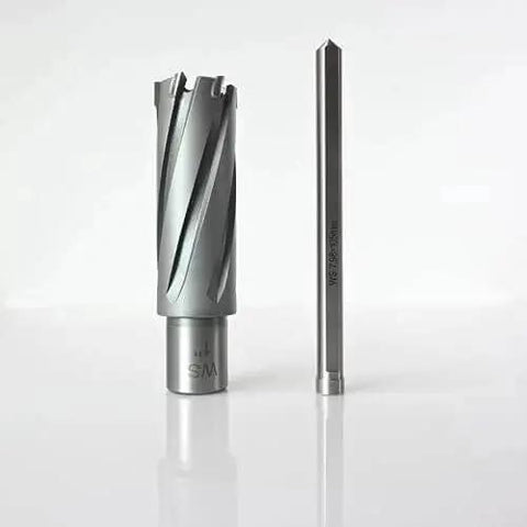 Carbide Tipped Annular Cutter 1 Inch Diameter 2 Inch Depth With Weldon Shank For Magnetic Drill Presses Pro Grade Heavy Duty Mag Drill Bit For Hard Materials Like Stainless Steel Cast Iron And More CT 500 shown with its pilot pin