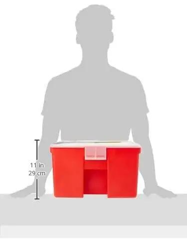 Portable Stow Away Rack Organizer With Cover In Bright Red showing size comparison with person silhouette, 11 inches tall
