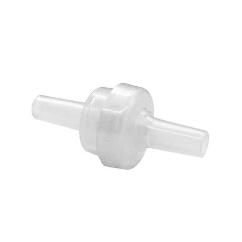 Plastic inline check valve with 1/4 inch barb fittings, PVDF material, white; one-way valve for water, fuel, and air.