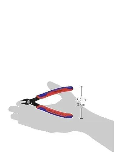 5-Inch Electronics Super Knips with Comfort Grip, flush-cut snips for PCBs and fiber optic cables, shown in hand size comparison.