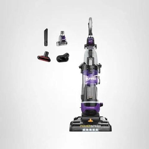 Upright vacuum cleaner Eureka PowerSpeed NEU202 in purple with attachments for carpet and hard floors.