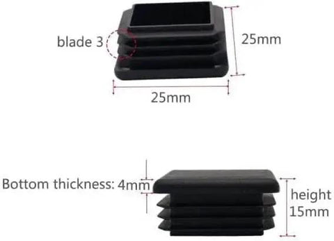 Diagram of 100 Pack 1 Inch Square Plastic Tube End Plugs showing dimensions and flexible ribbed fit for square tubing applications.