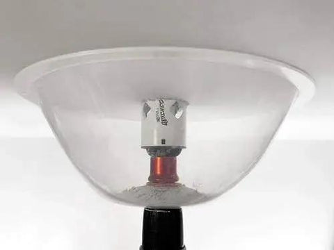 Mess Free RemGrit Blu Mol Collapsible Dust Bowl for Hole Saws installed on ceiling for clean recessed light installation