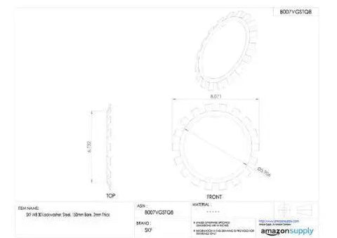 SKF W 26 lockwasher, steel, 130mm bore, 1/8 in thick; front and top blueprint views.