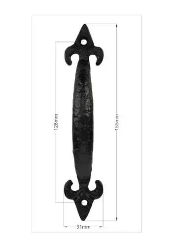 Trishul Iron Pull Handles 6 Inch, black antique powder coated, shown with dimensions, ideal for kitchen cabinets and barn doors.