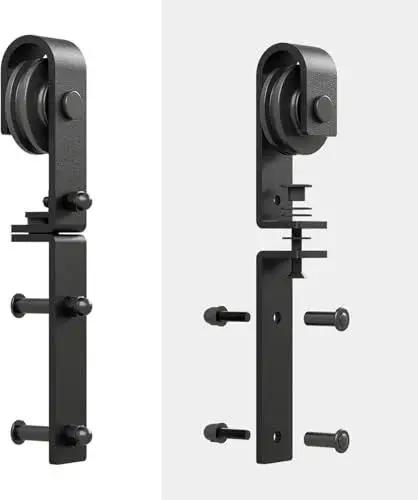 Side view of black side mounted rollers for 30 Inch Bi Folding Sliding Barn Door Hardware Track Kit with mounting hardware