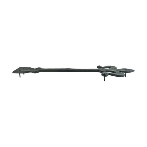 Side view of Fleur De Lis Wrought Iron Dummy Strap Hinge 16 Inch Black Decorative Hardware for doors, cabinets, shutters.