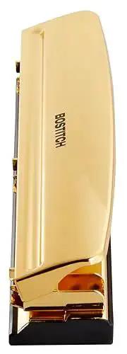 Gold 3 Hole Punch For 12 Sheets Durable Metal Office Punch With Stable Rubber Base, no mess chip tray, close-up top view.