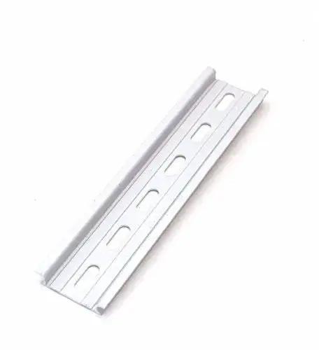 Image showing a Rugged Aluminum DIN Rail Slotted RoHS Compliant, 6 Inch Long, 35mm Wide, 7.5mm High for industrial electrical panels.