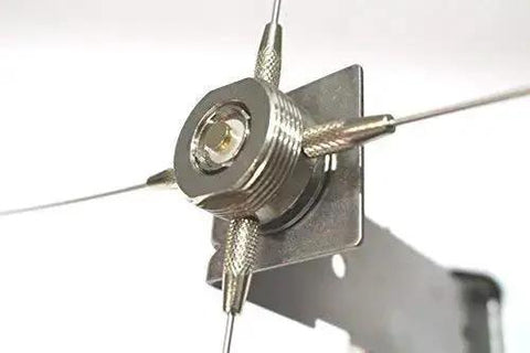 Ground Plane NMO Mount Kit with four 21 inch radials and SO239 connector close-up, showing bracket for 2 inch poles or masts.