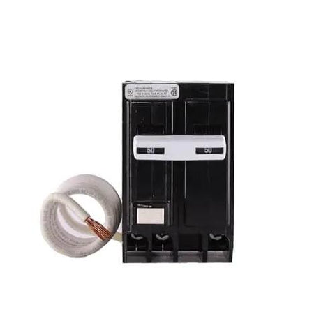 50 Amp 2-Pole GFCI Circuit Breaker 120/240V with auto self-test, displayed with coiled wire attachment for electrical panel protection.
