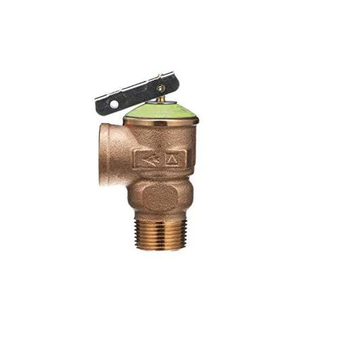 P1000AXL-125C brass pressure relief valve, green cap, black lever, threaded bottom connection.