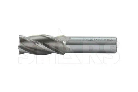 Seven Eighths Inch Center Cutting HSS End Mill Set Four Flute Single End Right Hand Milling Tool With Seven Eighths Inch Cutting Diameter And Shank, Flute Length One And Seven Eighths Inch, Overall Length Four And One Eighth Inch, side view.