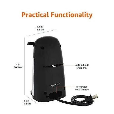 Side view of 3-In-1 Electric Can Opener With Bottle Opener And Knife Sharpener, showing dimensions, cord storage, and sleek black design.