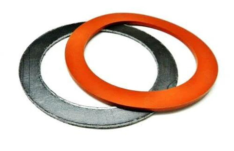 Two circular gaskets: orange silicone ring and gray graphite gasket for vacuum casting perforated flasks