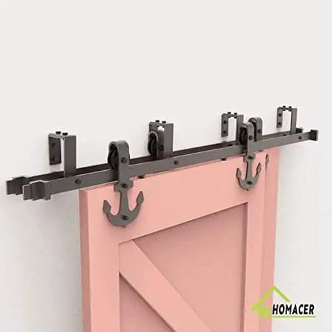 Black Rustic Double Track U Shape Bypass Sliding Barn Door Hardware Kit For Two Doors 9ft Flat Track Anchor Design Rollers