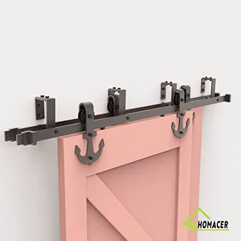 Side view of Black Rustic Double Track U Shape Bypass Sliding Barn Door Hardware Kit For Two Doors With Seven Point Five Feet Flat Track And Anchor Rollers installed on a pink door.