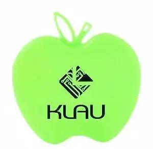 Klau brand green apple-shaped silicone keychain holder with logo visible, featuring a loop for attachment.
