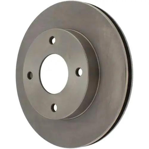 Front brake rotor with gray metal finish, vented design, four lug holes around the center bore
