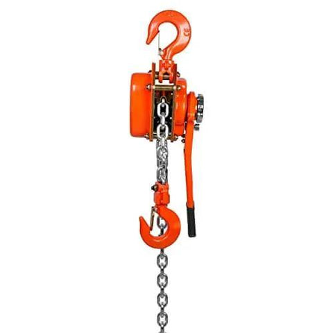 Side view of 3 Ton Lever Chain Hoist 10 Ft Lift G80 Galvanized Carbon Steel Weston Double Pawl Brake with hooks and chain visible.