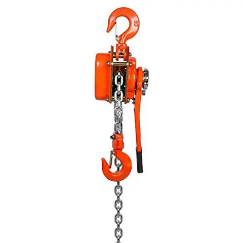 Side view of Manual Lever Chain Hoist 3 Ton 6600 Lb, 20 Ft, G80 Weston Brake 360 Degree Hook showing orange housing and steel chain