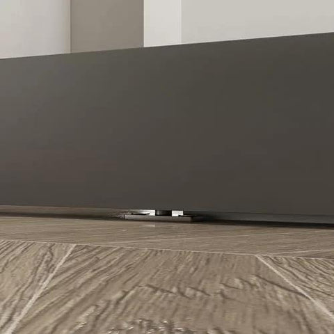 Close-up of bottom rail of 40 In X 84 In Full Lite Frosted Glass Black Steel Frame Interior Sliding Barn Door With Hidden Track System
