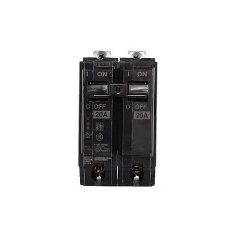 Front view of THQB2120 2-Pole Miniature Circuit Breaker, Single Unit, 20A, 120/240 VAC, 10 kA Interrupting Capacity with bolt-on design.