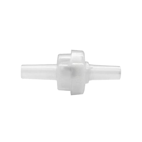 Inline check valve with 1/4" barb fittings, white PVDF plastic