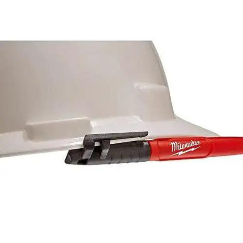 Red and black Inkzall Fine Point Marker Black 4 Pack With Clog Resistant Tip for Dusty Wet And Oily Surfaces shown with cap on