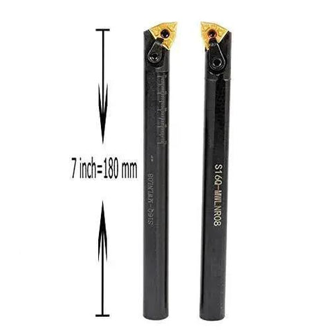 Indexable Boring Bar Set With Five Eighth Inch Shank And Seven Inch Overall Length For Metal Lathe Turning Includes S16Q MWLNR08 And S16Q MWNLNL08 Plus Ten WNMG080404-CM Carbide Inserts For Precise, Fast Pro Grade Machining. Front view showing two boring bars with carbide inserts, 180 mm length.