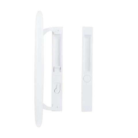 Flush Mount NonKeyed Sliding Glass Patio Door Lock Handle Set Fits One To One And One Eighth Inch Thick Doors With Six And Five Eighth Inch Hole Spacing Night Lock Hook Latch NonHanded White front view