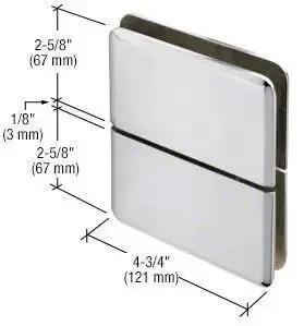 Senior Prima 02 Series Glass To Glass Mount Hinge in polished chrome with dimensions for maximum glass exposure, fits half inch thick glass
