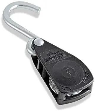 Heavy Duty Rope Ratchet Tie Down Pulley Hanger With Locking Mechanism For Easy Tensioning Of Shade Sails Hammocks Canopies And Outdoor Gear Works With One Quarter Inch Rope And Delivers A 150 Pound Capacity No Rope Included, black pulley with a metal hook