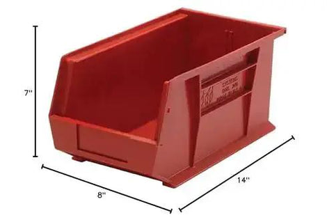 Heavy Duty Stack And Hang Part Organizer Bins In Red With Front Back And Side Grips, Built In Rear Hangers For Louver Panels Or Rails