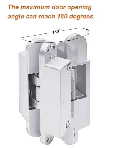 Hidden Door Hinges For Concealed Doors, Invisible, Heavy Duty 3D Adjustable With Slick Silent Operation shown fully open at 180 degrees