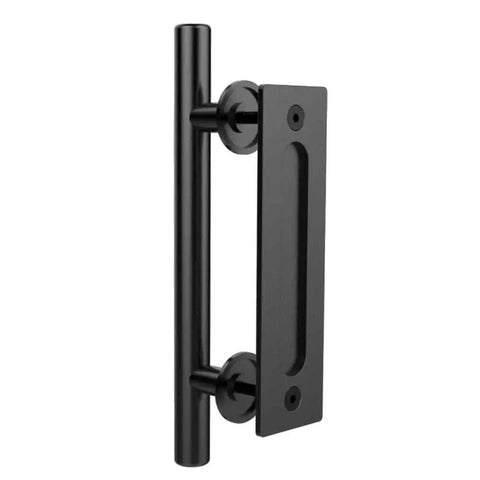 10 Inch Sliding Barn Door Handles And Pulls, Double Sided Hardware Set With Flat Bottom Plate Design In Rustic Black, Aluminum Construction