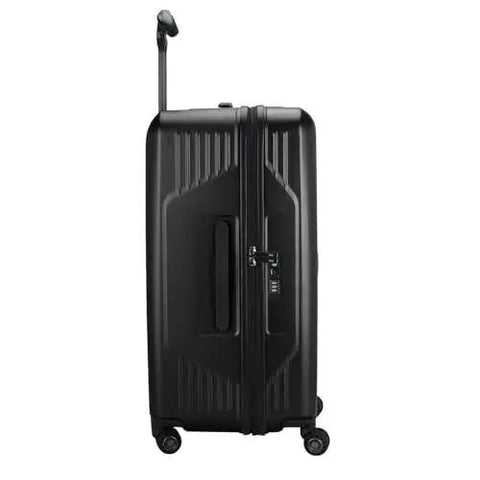 Side view of Ultimax II 26 Inch Spinner Luggage With Tie Down Straps Matte Black Built To Last Durable Polycarbonate Hardside Case