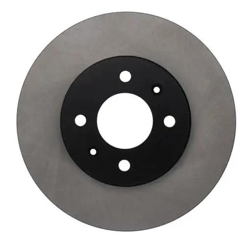 Front brake rotor with silver outer disc and black center hub with five lug holes