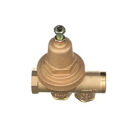 Brass 3/4 inch pressure reducing valve with top adjustment screw and side inlet/outlet fittings.