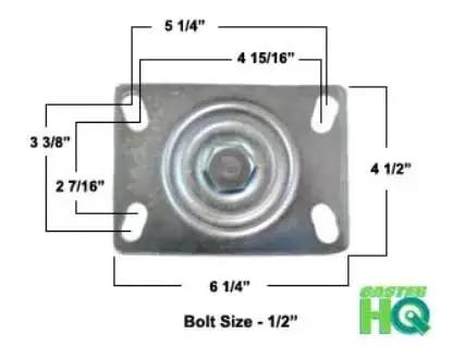Top view of Heavy Duty Six Inch V Groove Wheel Caster Set Rigid Plate For Carts showing bolt size and plate dimensions.