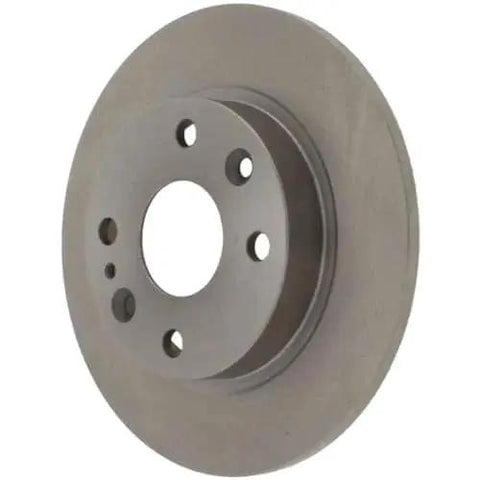 3/4 view of Centric C-Tek rear brake rotor; gray cast iron with mounting holes for Mazda Miata 1990–1993